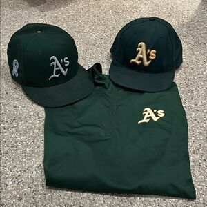 3 in one Green Oakland  A's Caps and Pullover Set